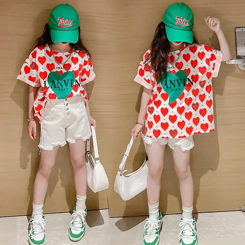 女の子のための半袖コットンTシャツ,ルーズなトップ,外国風,夏の服,市松模様,韓国スタイル,4〜14歳の女の子