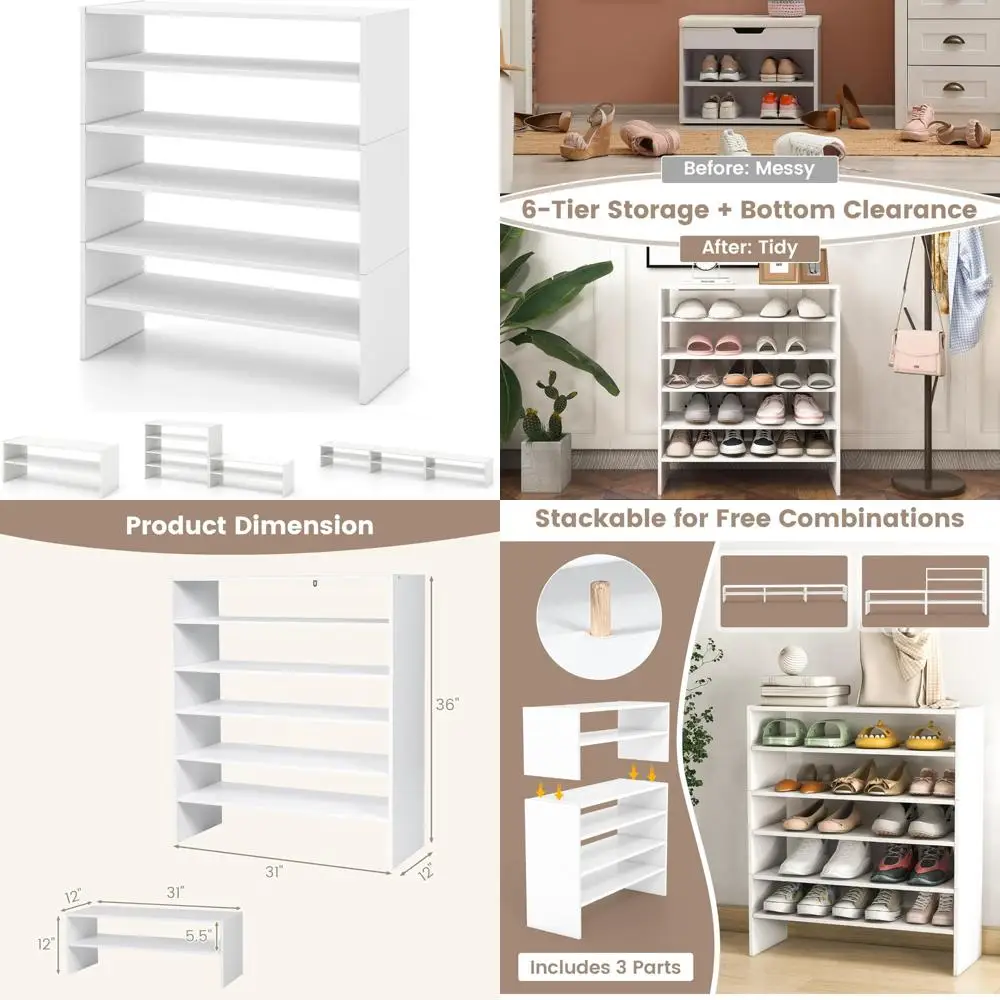 Вертикальная полка для обуви Giantex 3-в-1, 6-уровневый отдельно стоящий органайзер для хранения обуви с штабелируемой конструкцией на 18 пар, ширина 31 дюйм Woo
