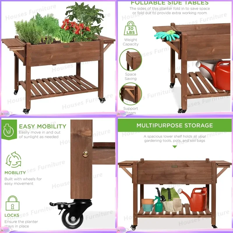 Classic Wooden Elevated Garden Planter Box with Drainage Holes Folding Side Table Storage Cabinet Outdoor Raised Flower Pot