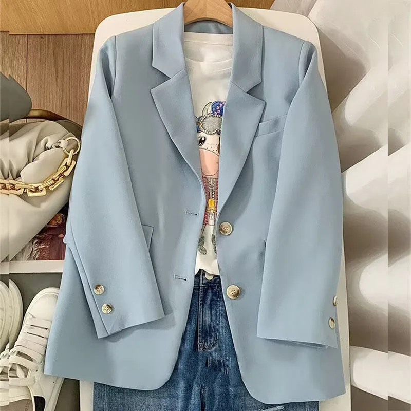 Suit Jacket for Women, New Korean Version, Classic Two Button Style, Light Blue, Loose Casual Women's Small Suit Jacket Women