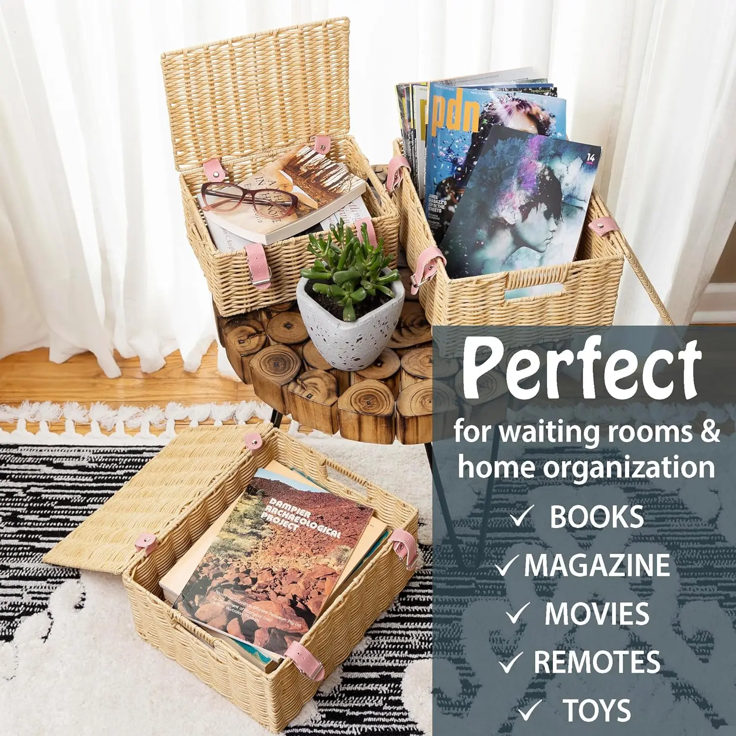 مجموعة من 3 قطع - سلال تخزين منسوجة مستطيلة كبيرة ومتوسطة وصغيرة لتنظيم الملابس، قابلة للتكديس