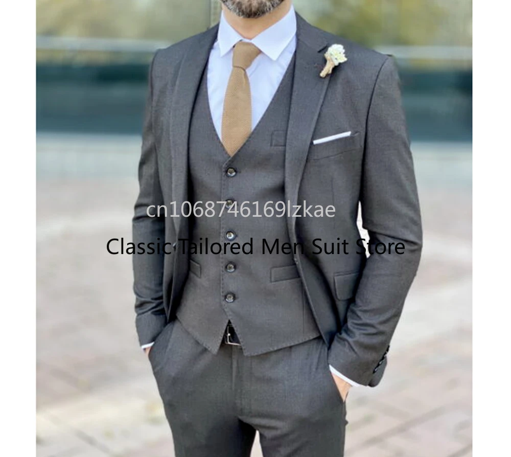 

Dark Gray Lapel Men's Suit Jacket Pants Vest 3 Piece Set Trajes De Boda Para Hombre Completos