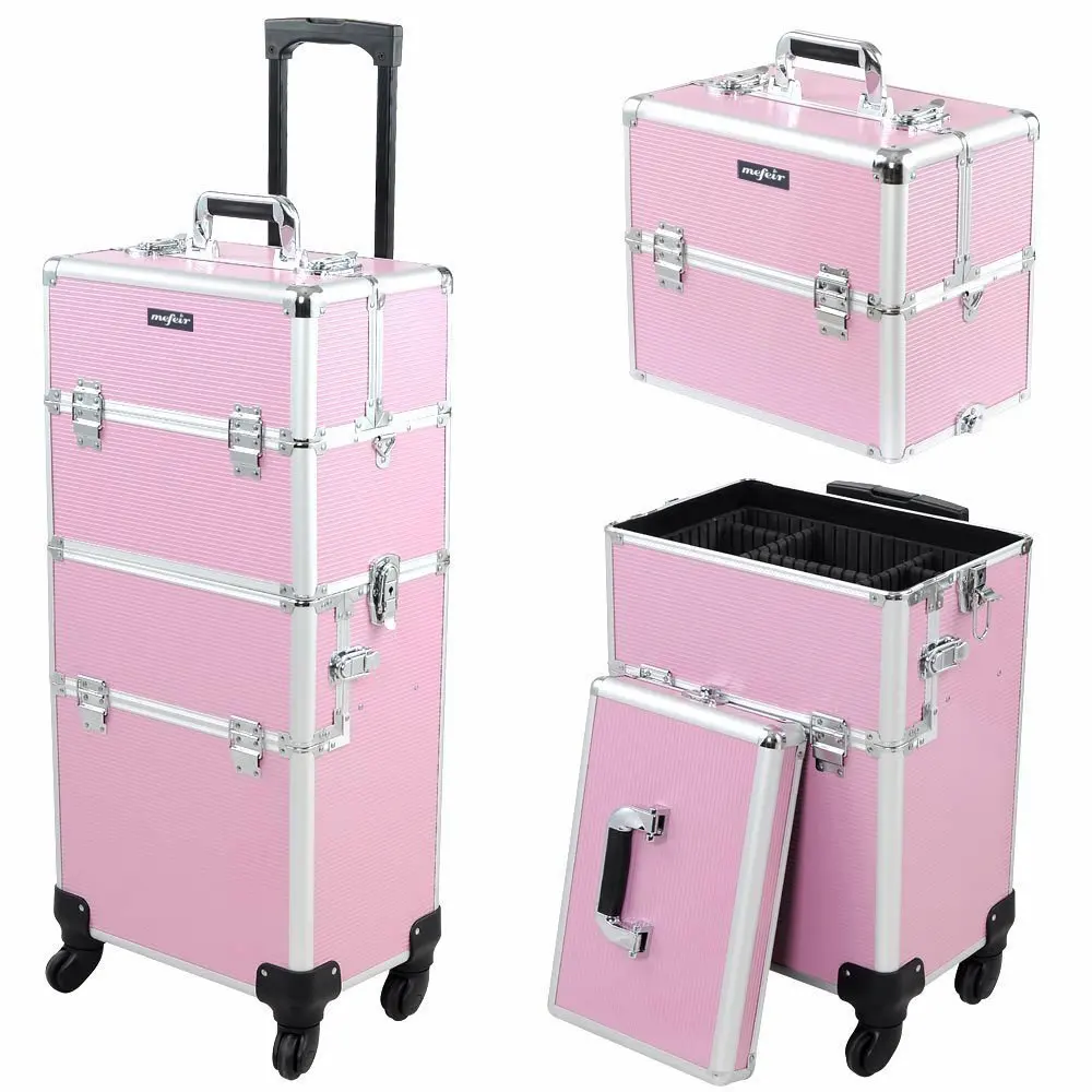 2-in-1 Rolling Makeup Train Case with Removable Wheels, Lockable Beauty Storage Luggage in Pink