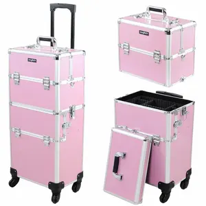 2-in-1 Rolling Makeup Train Case with Removable Wheels, Lockable Beauty Storage Luggage in Pink