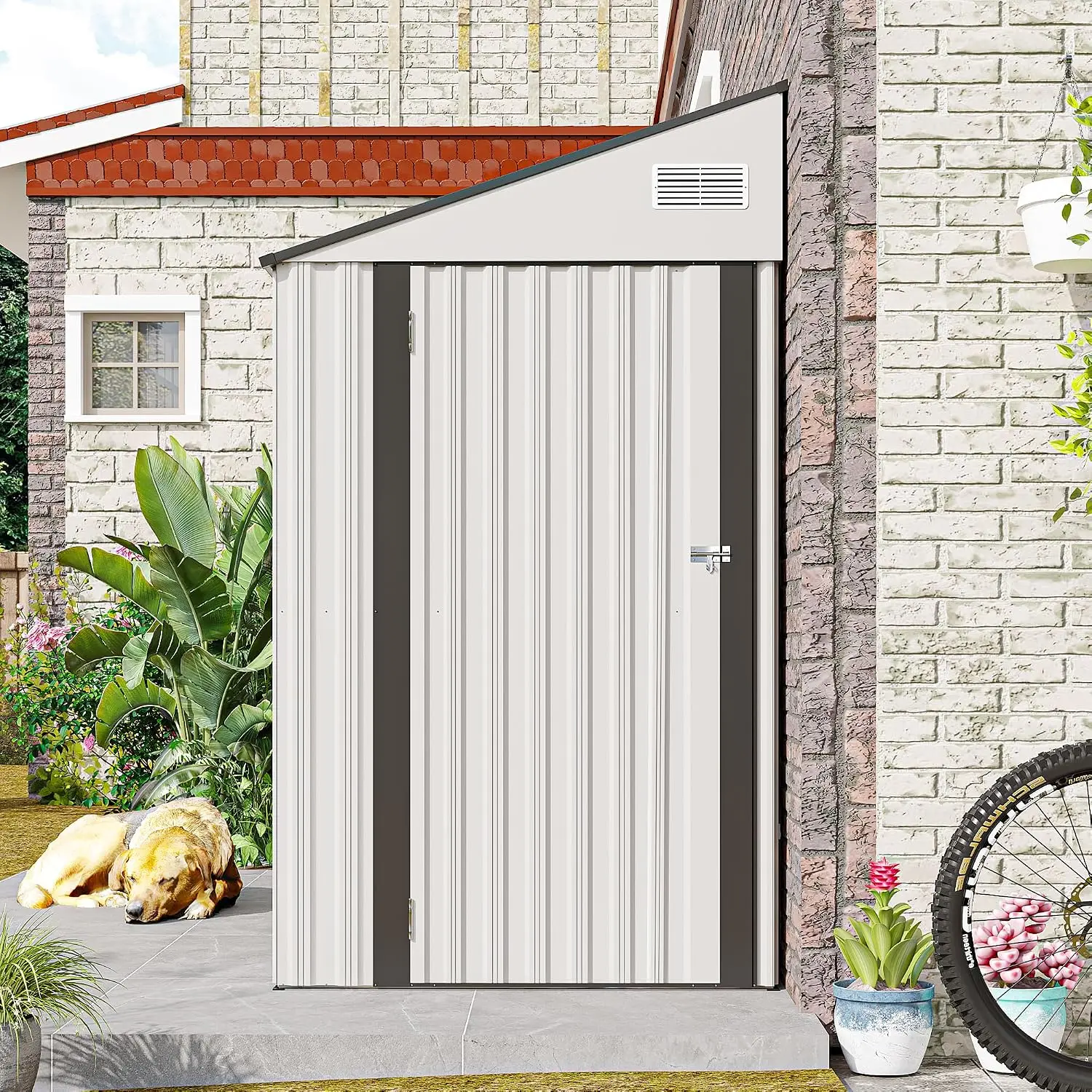 4x8 FT Outdoor Storage Shed, Metal Garden Shed with Lockable Hinged Door, Lean to Shed with 6 Air Vents, Outside, Customized