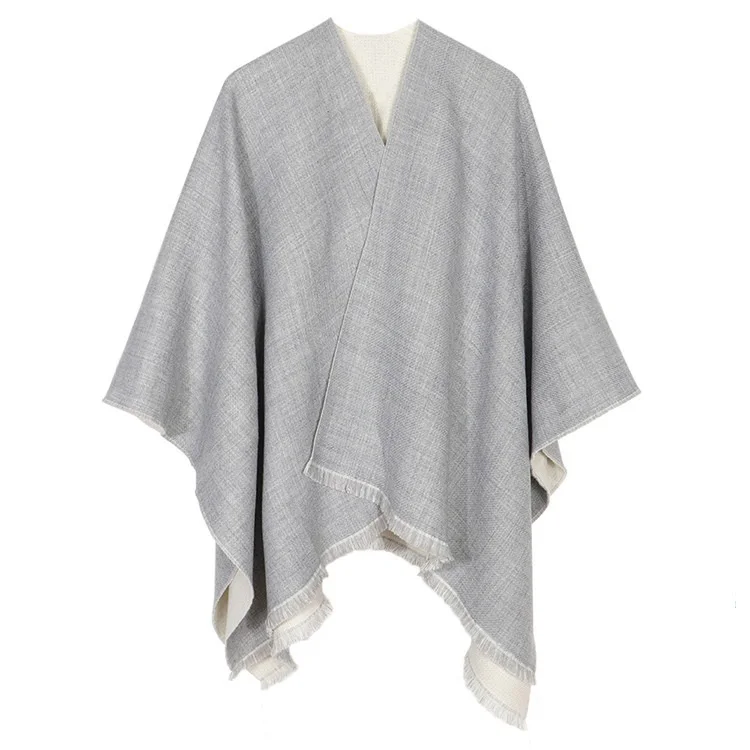 Poncho Cloak Imitation Cashmere Cloak Women's Autumn and Winter Split Shawl Casual Fashion Warm Lady Double-faced Coat Gray