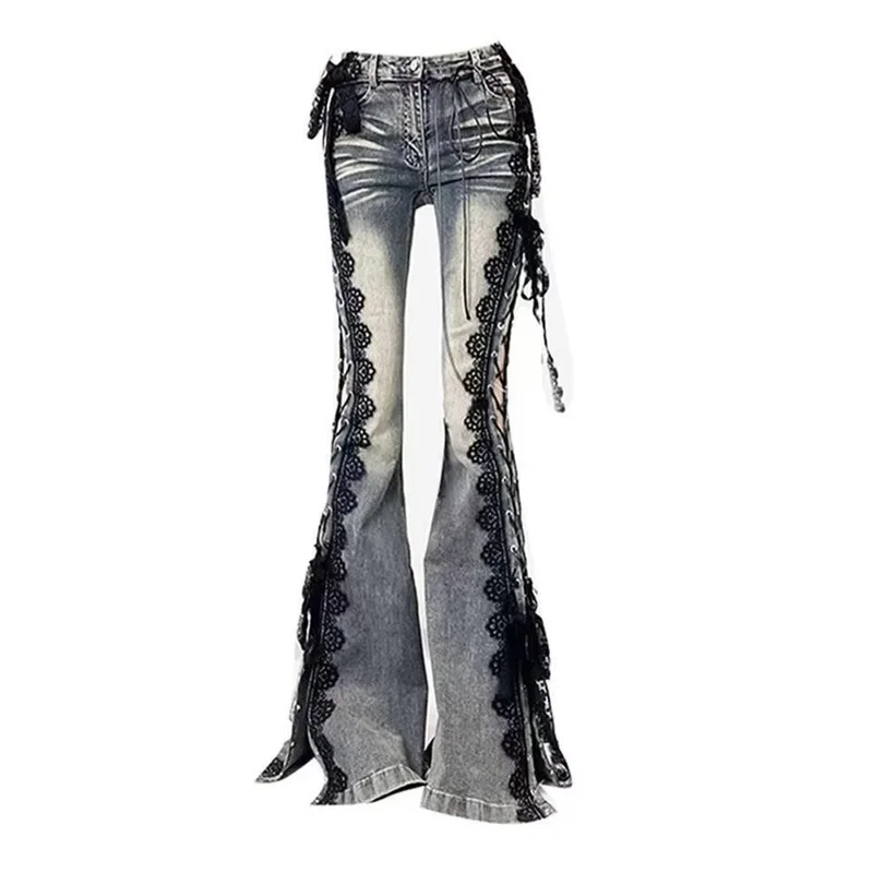 Low Rise Laced Split Bootcut Pants Women Jeans Do Old Sexy Skinny Hollow Out Bell Bottoms Retro Y2k Streetwear Aesthetic
