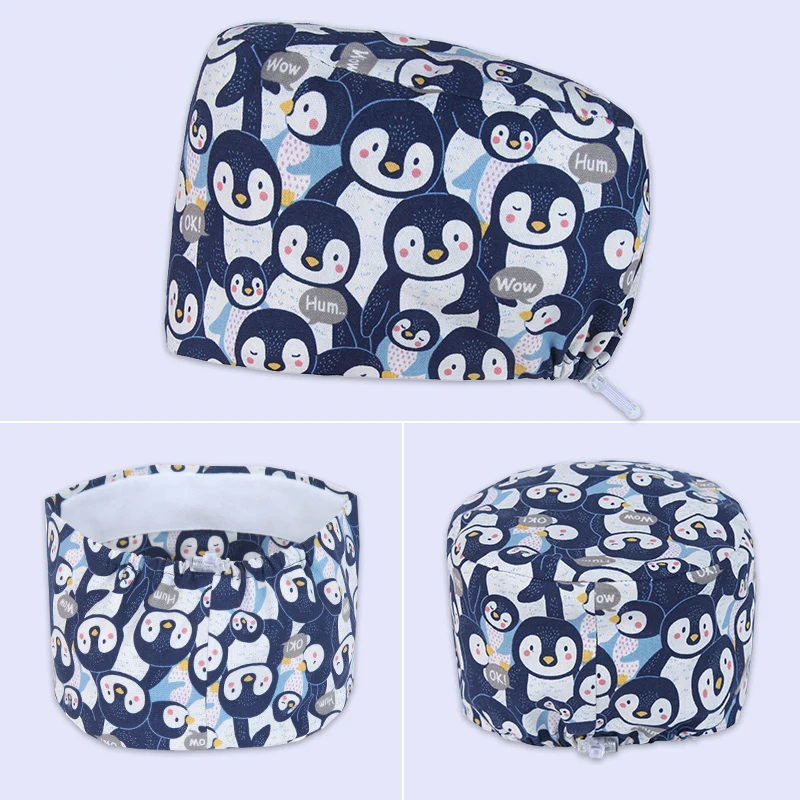 Scrub Man Caps for Doctors Nurses Penguin Print Dental Working Hat Breathable Short Hairs Medical Cotton Cap K788