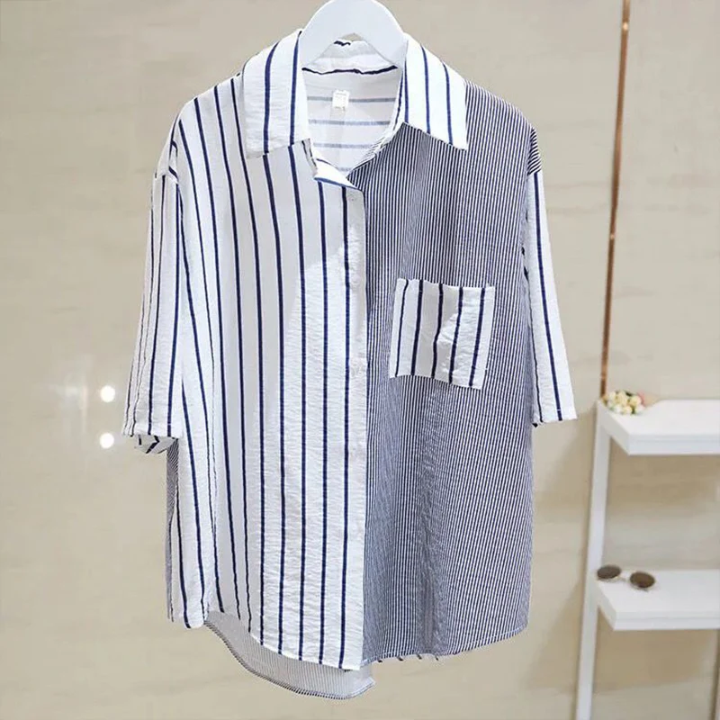 Oversized Casual Fashion Short Sleeved Striped Shirt for Women\'s Summer New Korean Version Loose Slimming Contrasting Colors Top