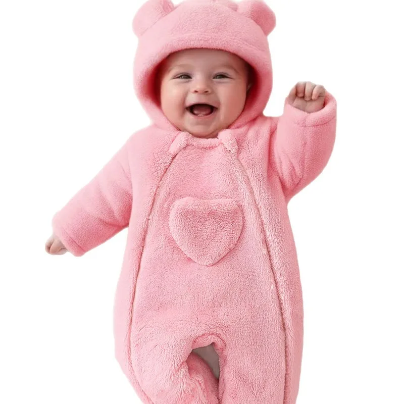 Newborn Baby Girl Pink Bear Romper Soft Fleece Hooded Jumpsuit Cute Heart Design Warm Winter Playsuit Infant Bodysuit 0 24 Month