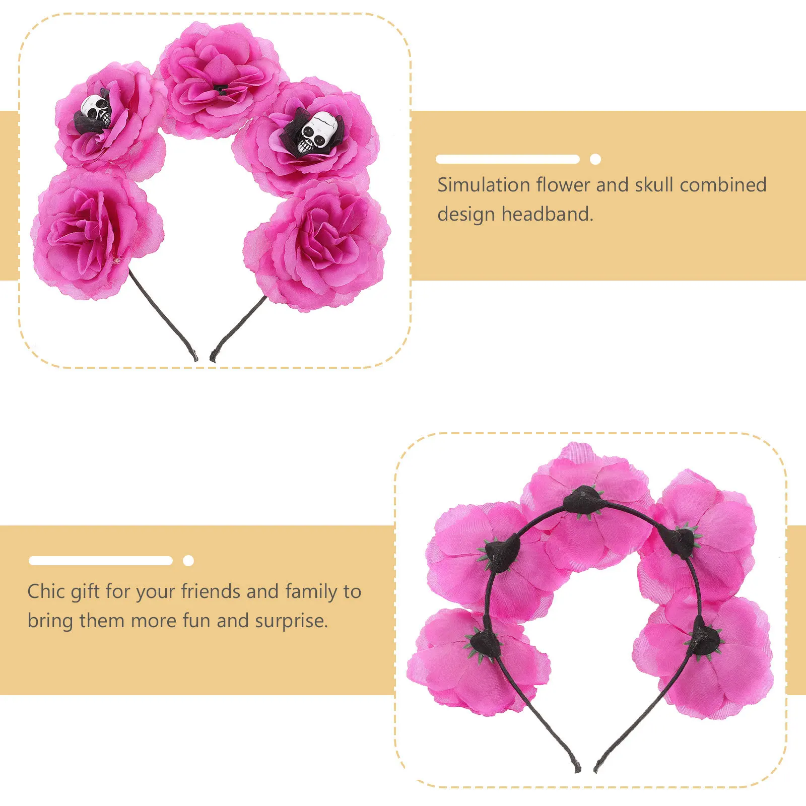 

2 Pcs Prom Skull Headband Hair Bands Day of Dead Flower Fabric (Polyester) Halloween Headwear