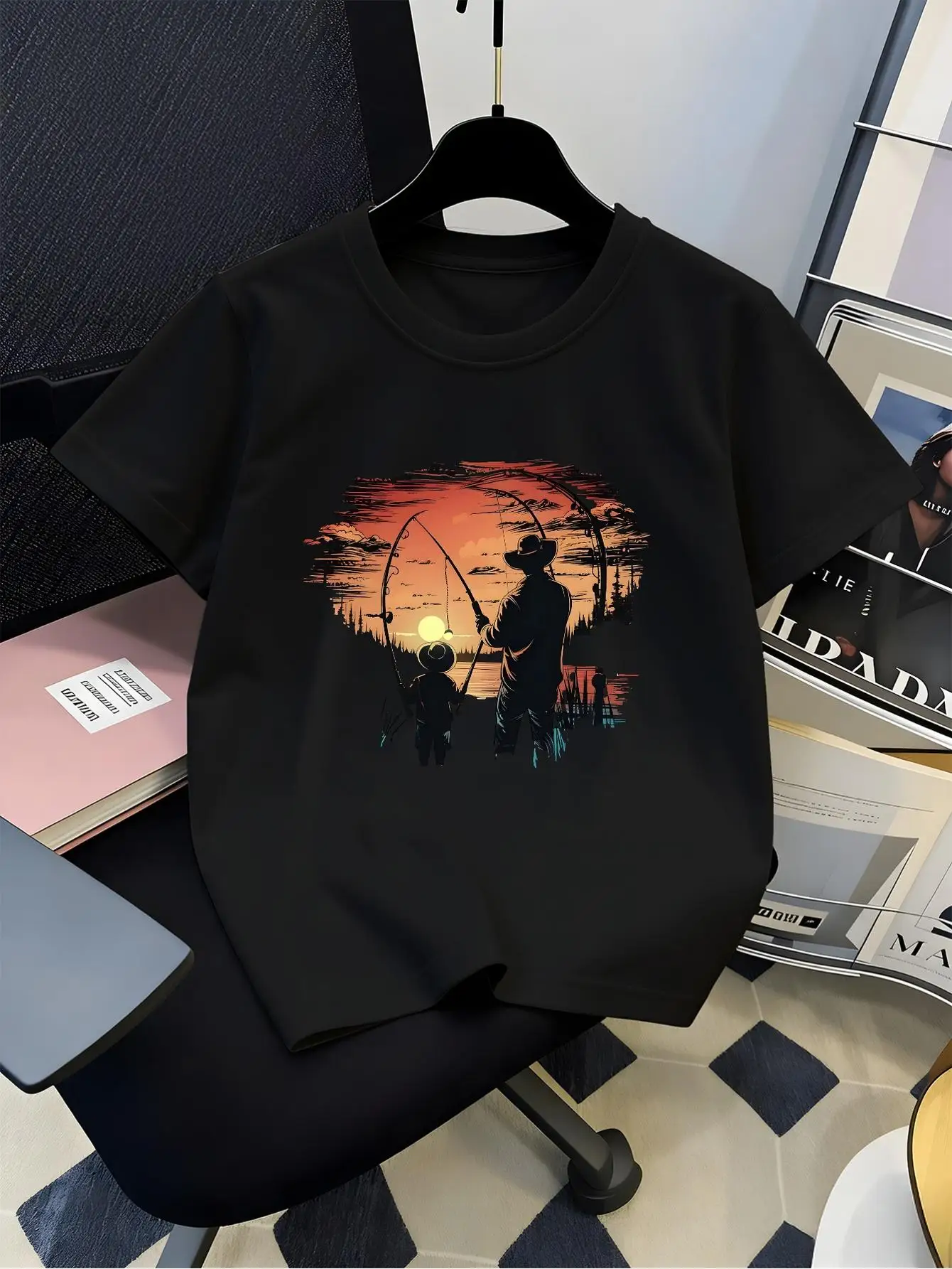 Father Son Sunset Fishing Silhouette Graphic T Shirt For Boys Girls Family Matching Short Sleeve Tee Parent Kids Summer Tops