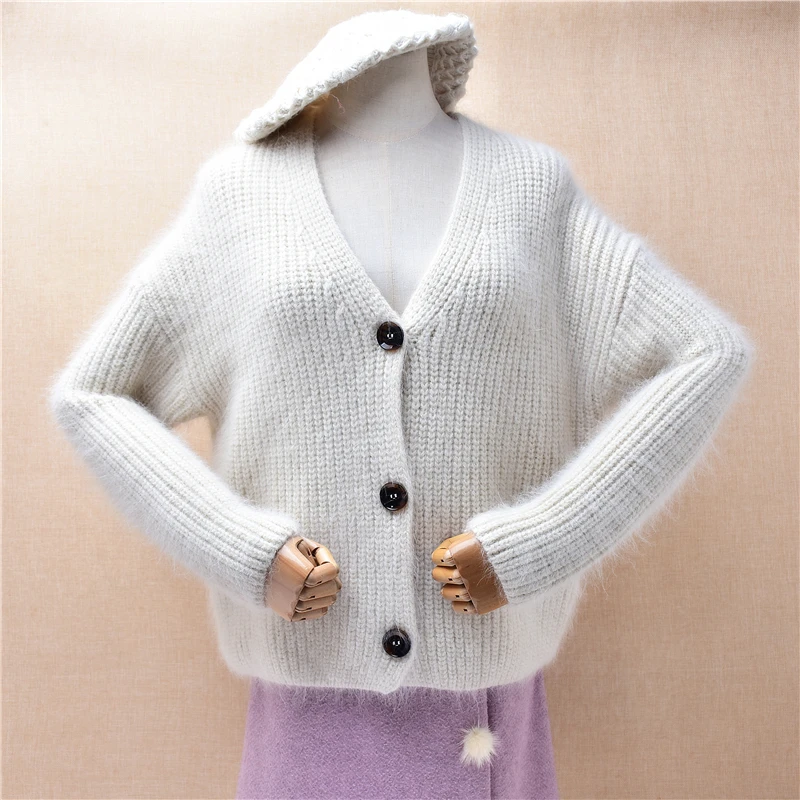 Ladies Women Autumn Winter Clothing Beige Hairy Angora Rabbit Hair Knitted Jersey Long Sleeves V-Neck Loose Cardigans Sweater