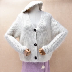 Ladies Women Autumn Winter Clothing Beige Hairy Angora Rabbit Hair Knitted Jersey Long Sleeves V-Neck Loose Cardigans Sweater