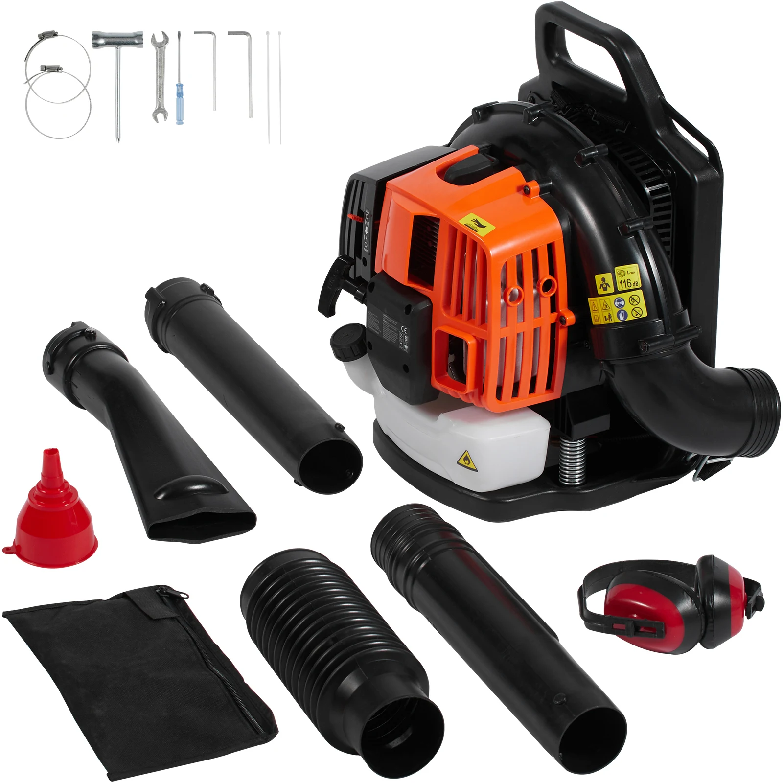 Image of SucceBuy Soffiatore per foglie a zaino 63CC Soffiatore per foglie di gas a 2 tempi con serbatoio carburante da 1,89 litri Volume d'aria 1110 CFM Velocità 220 MPH Ideale per prato cod004