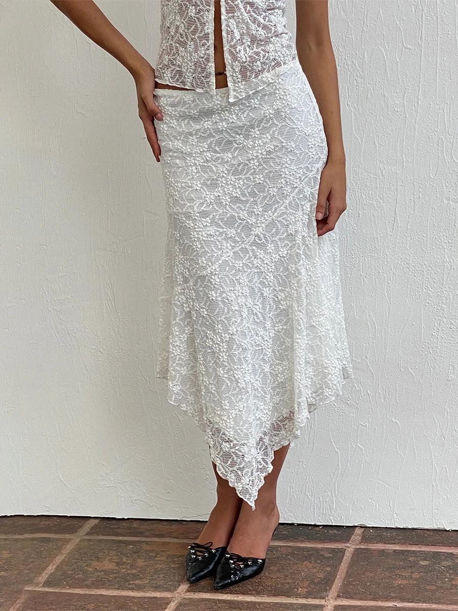 Women's 2 Piece Lace Set, See Through Open Front Crop Cami Tops Low Waist Midi Skirt Summer Outfit