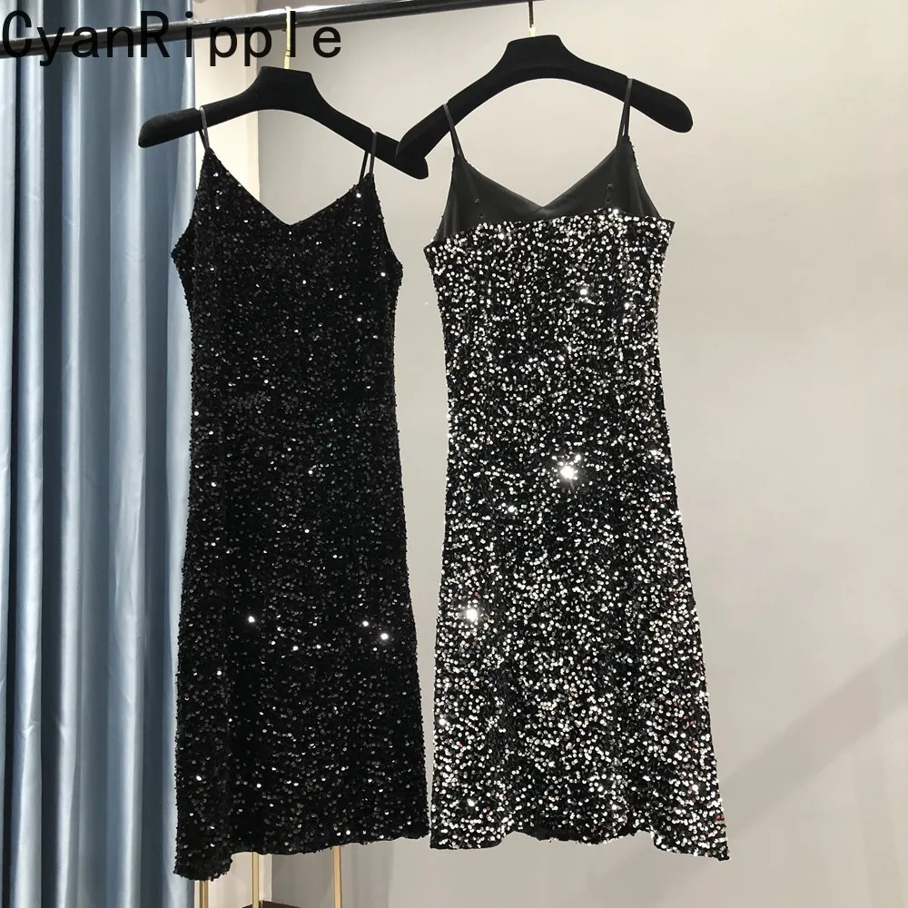 Fashion Lady New Autumn Winter Shiny Sequins Suspenders Dress Sexy V-neck Sleeveless Mid-long Nightclub Party A-line Dresses
