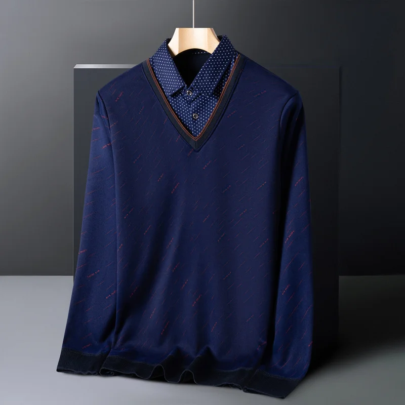Autumn Winter New Style Men Fake Two Piece Sweater Long Sleeve Middle Aged Fleece Lined Thickened Base Layer Shirt