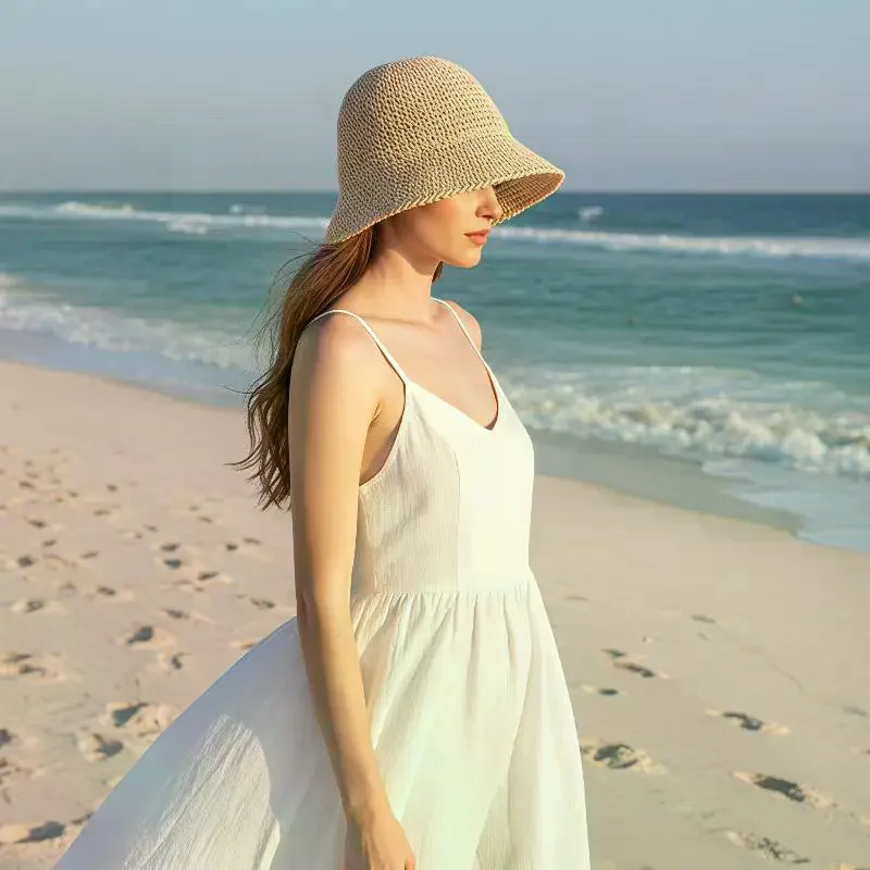 Unique Woven Women Sun Hat Solid Color Breathable Straw Fisherman Hat Foldable Visor Cap Bucket Hat Vacation