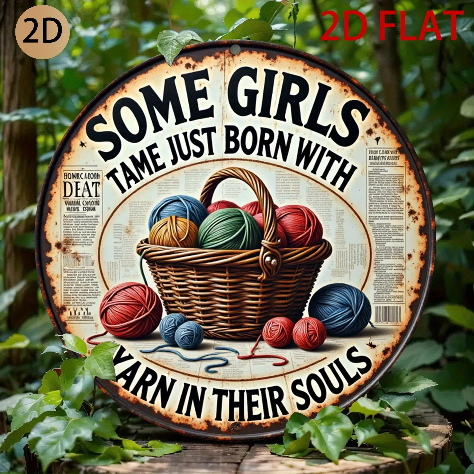2D plane Circular rusty metal sign yarn themed retro design suitable for home craft room or knitting area, 2D Flat, Perfect fo