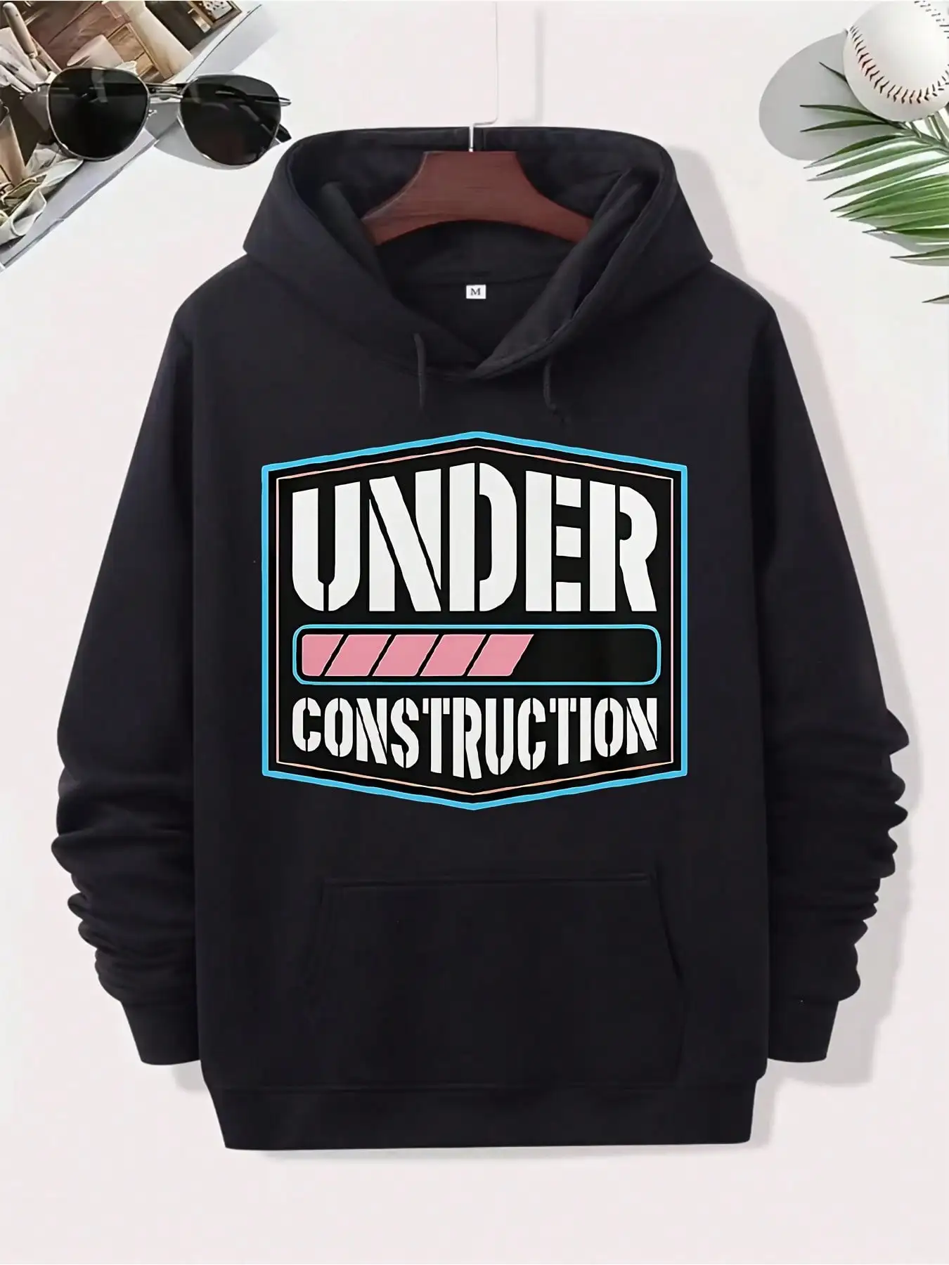 Men Under Construction Graphic Hoodie Long Sleeve Pullover Hooded Sweatshirt Funny Progress Bar Print Casual Streetwear Hoodies