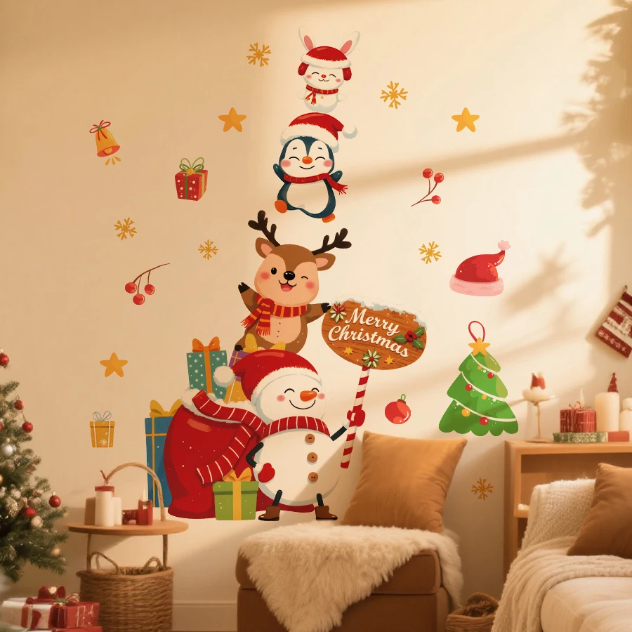 1pc Cartoons Animal Christmas Wall Stickers Removable PVC Holiday Decorations For bedrooms, Living rooms, Party Home Decoration