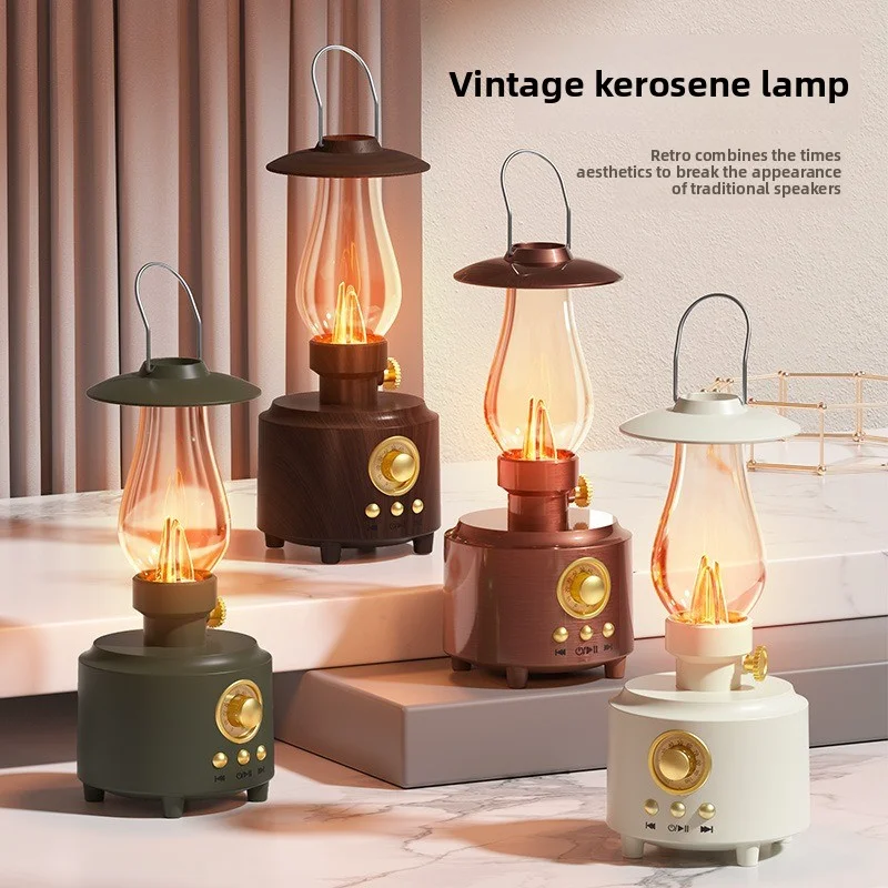 Retro lamp Bluetooth speaker portable outdoor camping light candle flame atmosphere night light FM radio sound system