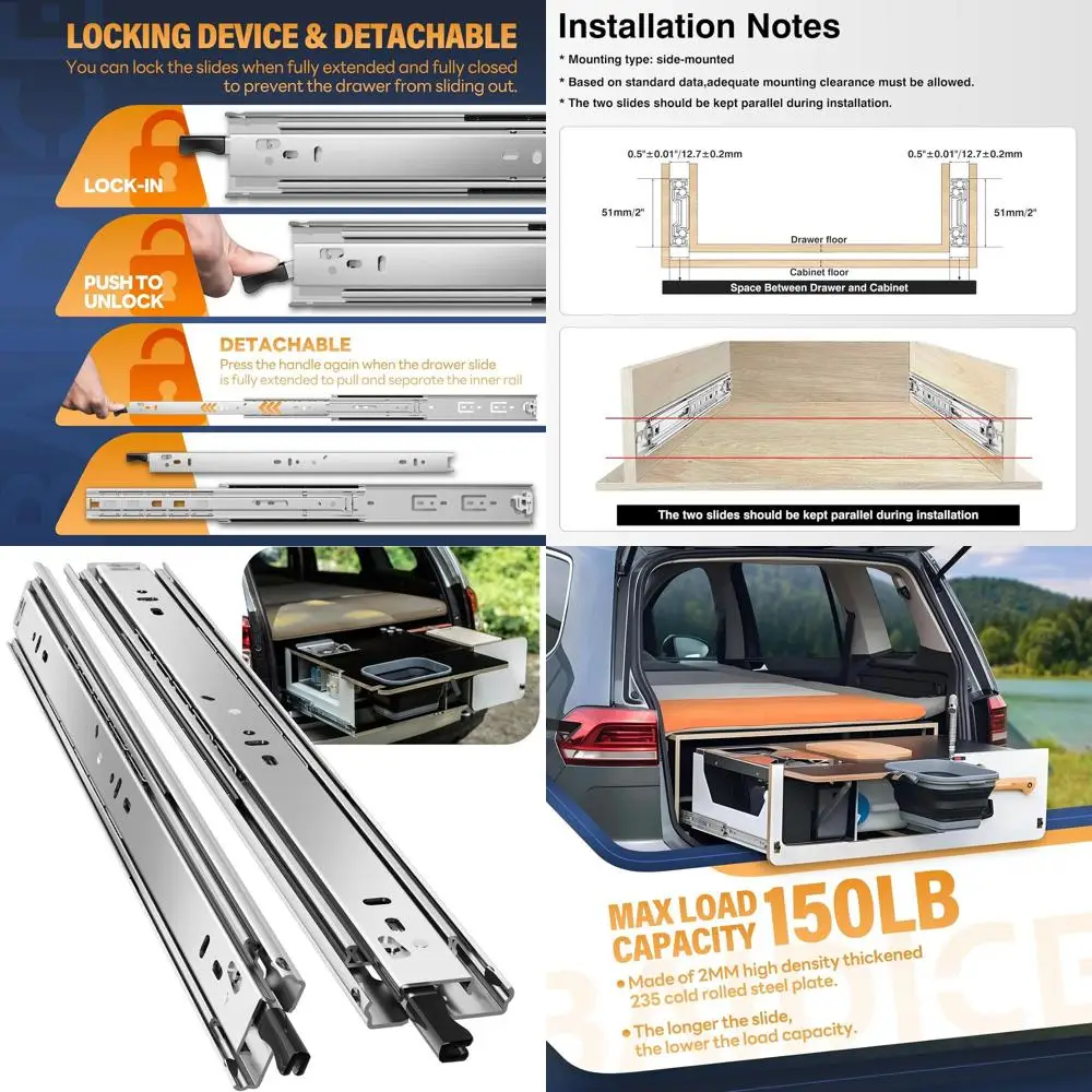 

Усиленные выдвижные направляющие с фиксатором, 12-40 дюймов, нагрузка до 150 фунтов, боковое крепление, на шарикоподшипниках, выдвижение 30 дюймов