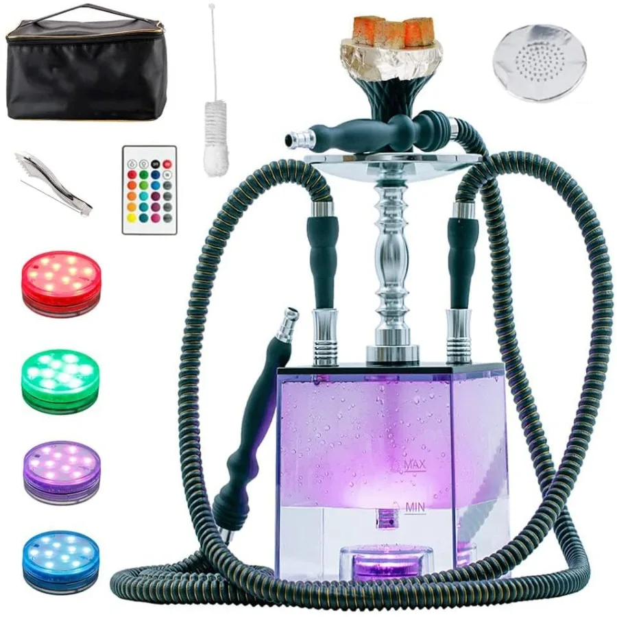 

2 Hose Hookah Set with Travel Case Cleaning Brush, Micro Cube Acrylic Hookah with Silicone Bowl Coal Tongs Magical Remote LED L