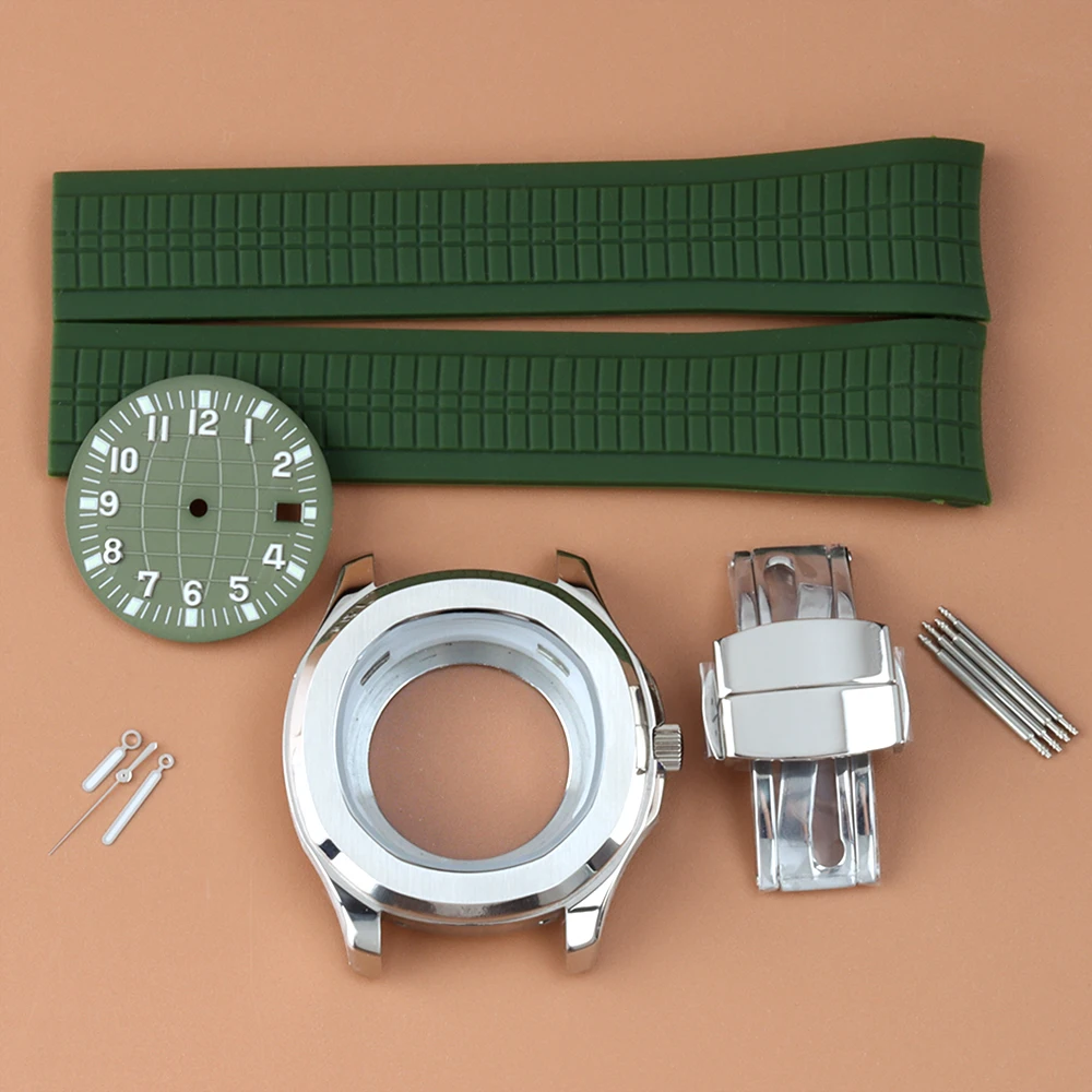 42mm Watch Case 10ATM Waterproof Green Rubber Bracelet 31.5mm Dial Hands For NH35 NH36 Movement Stainless Steel Aquanaut Case