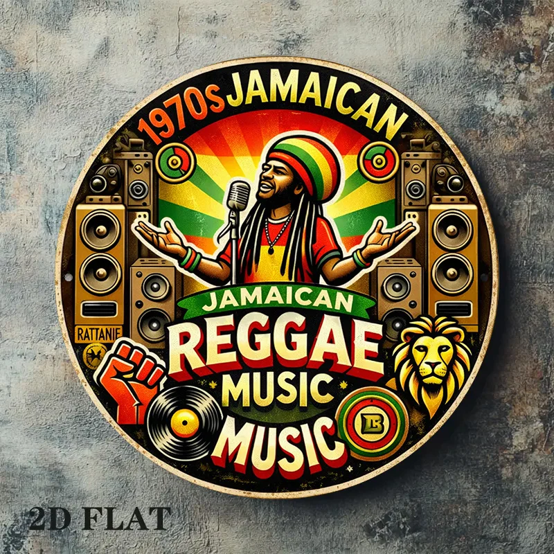 2D Flat - 1pc 8*8In/20X20Cm 2D Flat Round Sign, Vintage Plaque about 1970S Jamaican Reggae Music, Jamaican Reggae Music Decorati
