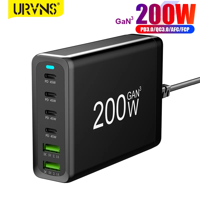 

URVNS 200W GaN 6 Ports USB C Power Adapter PD 45W Fast Charger Type-C Charging Station for MacBook iPad iPhone 14 13 12 Samsung