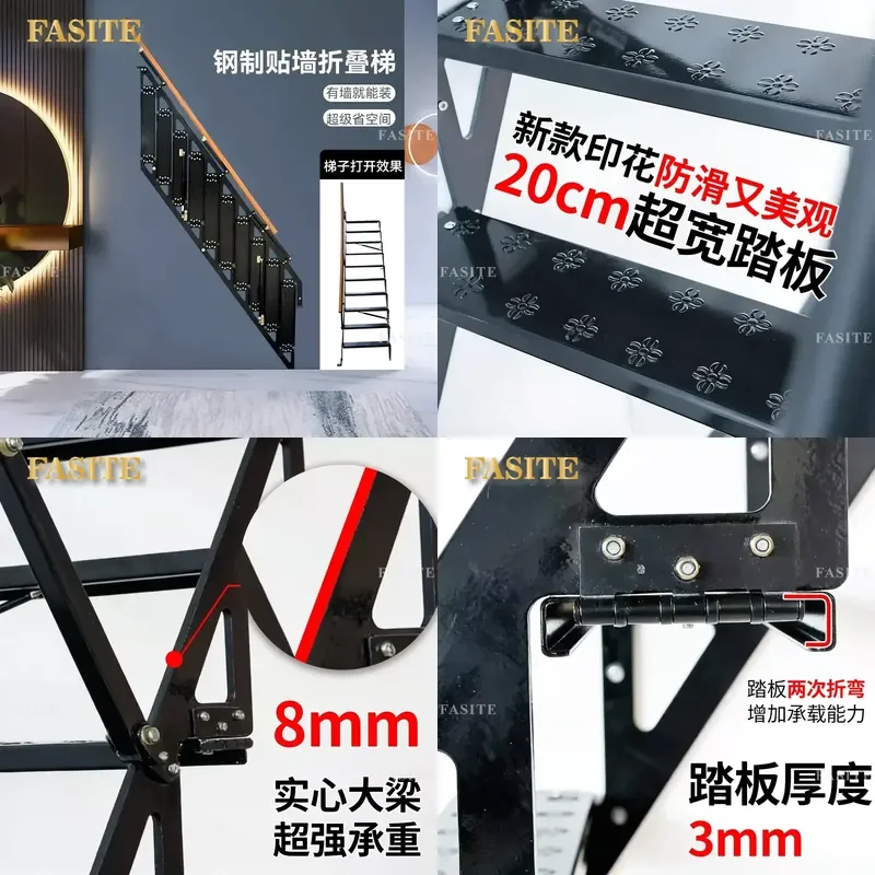 For Telescopic Folding Ladder Aluminum Alloy Steel Wall Mounted Attic Indoor Lift Stairs Household Compact Space Saving Safe