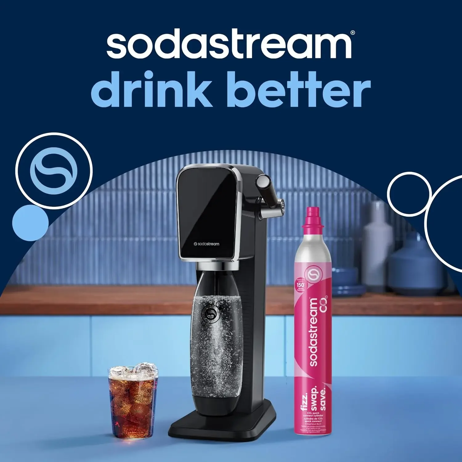 Art Sparkling Water Maker Bundle in Black, with 3-Pack CO2 and Carbonating Bottle