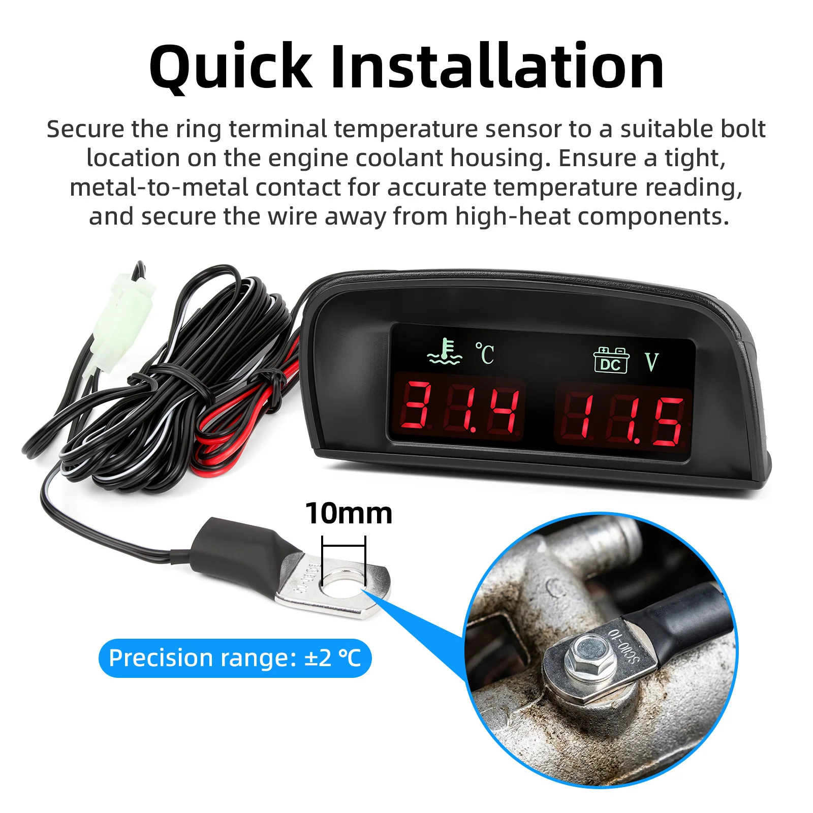 2 IN 1 LED Digital Car thermometer Meter Water Temp+Voltmeter With Ring Terminal Temperature sensor for Truck Motorcycle 12V 24V