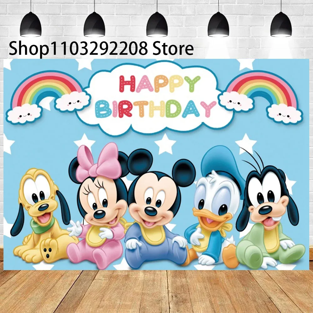 ﻿ Cartoon Blue Baby Mickey Minnie Mouse Theme Children Happy Birthday Background Baby Shower Gender Revealing Photography Banner