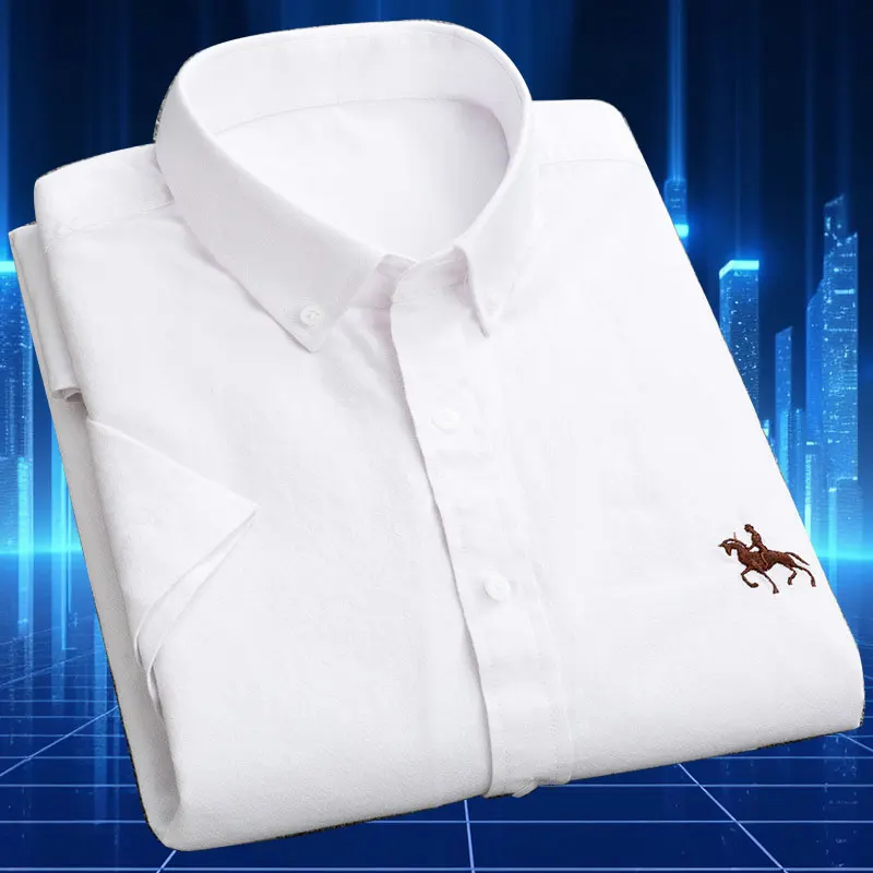 Men\'s short sleeve shirt 100% Oxford cotton Spring/Summer Embroidery no-iron Business casual High quality fashion stripe