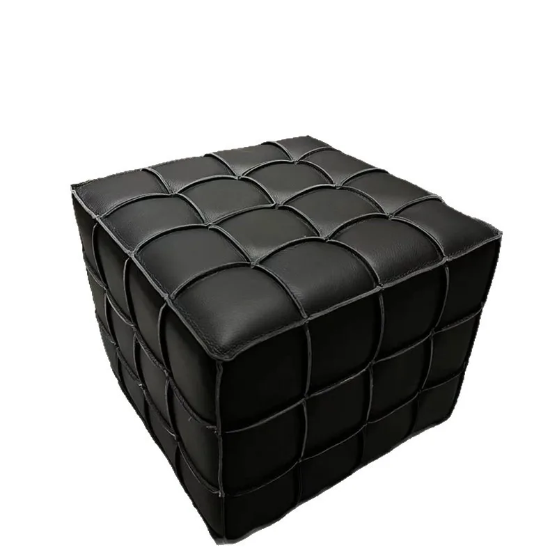 Leather Stool for Home Use Black and White Plaid Footrest Ottoman for Sofa Living Room Dressing Table Low Seat