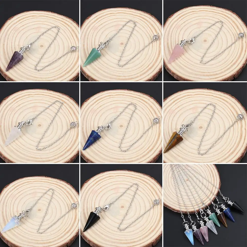 

Fashion Jewelry Chain Crystal Pendants Natural Stone Rose Quartz Conical Pendulum Healing Crystal Reiki Pendulum Pendant Amulet