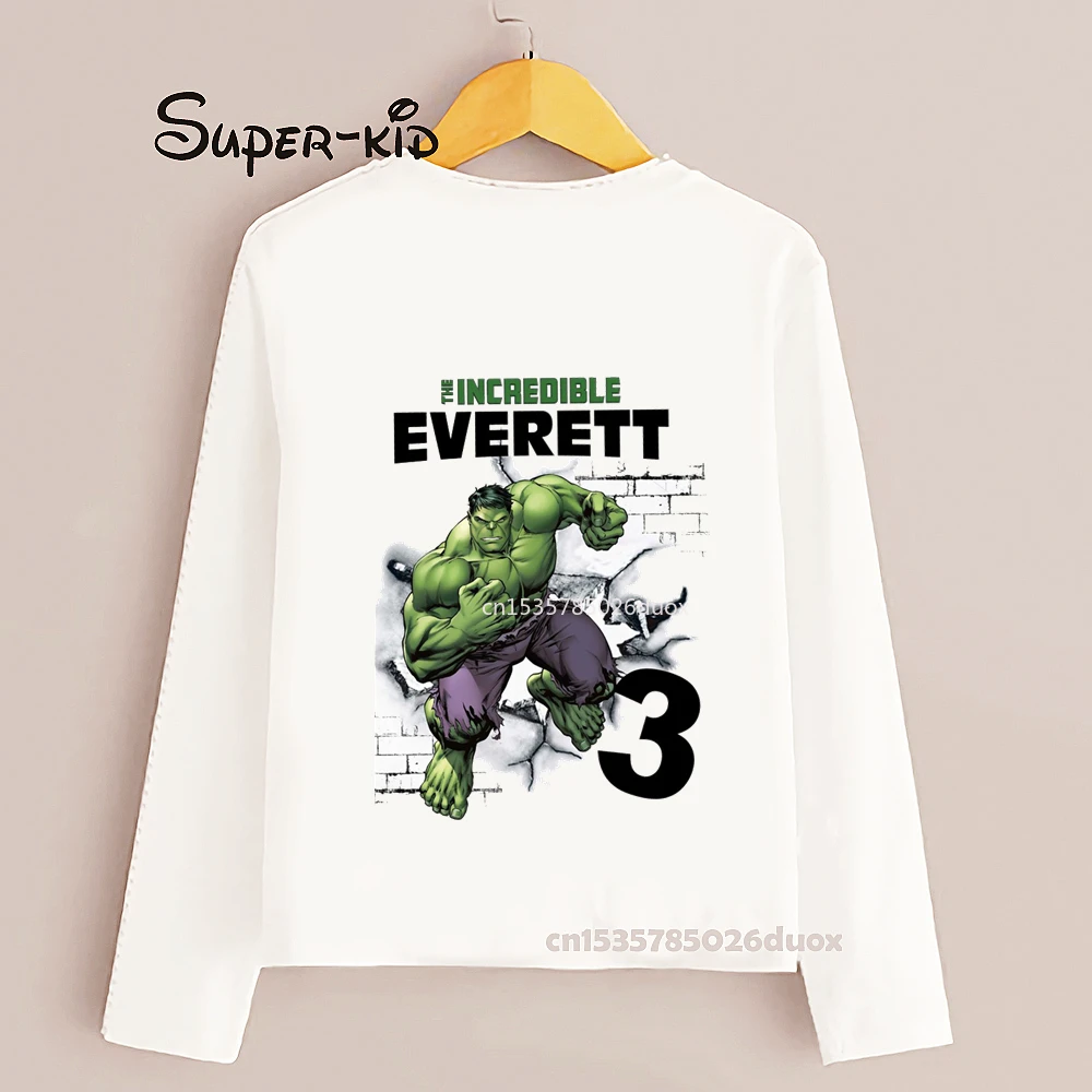 Boy 3 4 5 6 7 8 Years The Hulk Customized Name Birthday Long Sleeve T-shirt Kid MARVEL The Hulk Birthday Fashion Bottoming Shirt