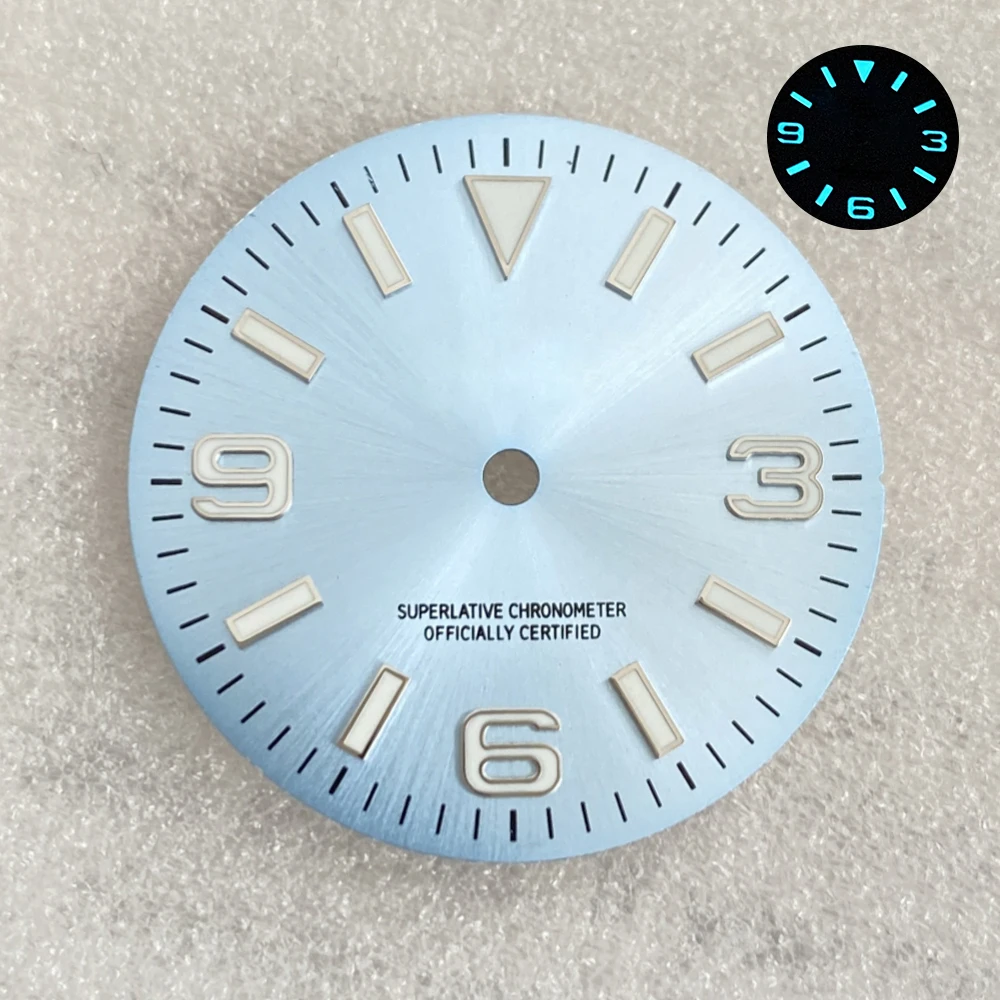 28.5mm S Logo Sunray  Exp lorer Dial Suitable For NH35/8215 Movement Ice Blue Luminou Watch Modification Accessories