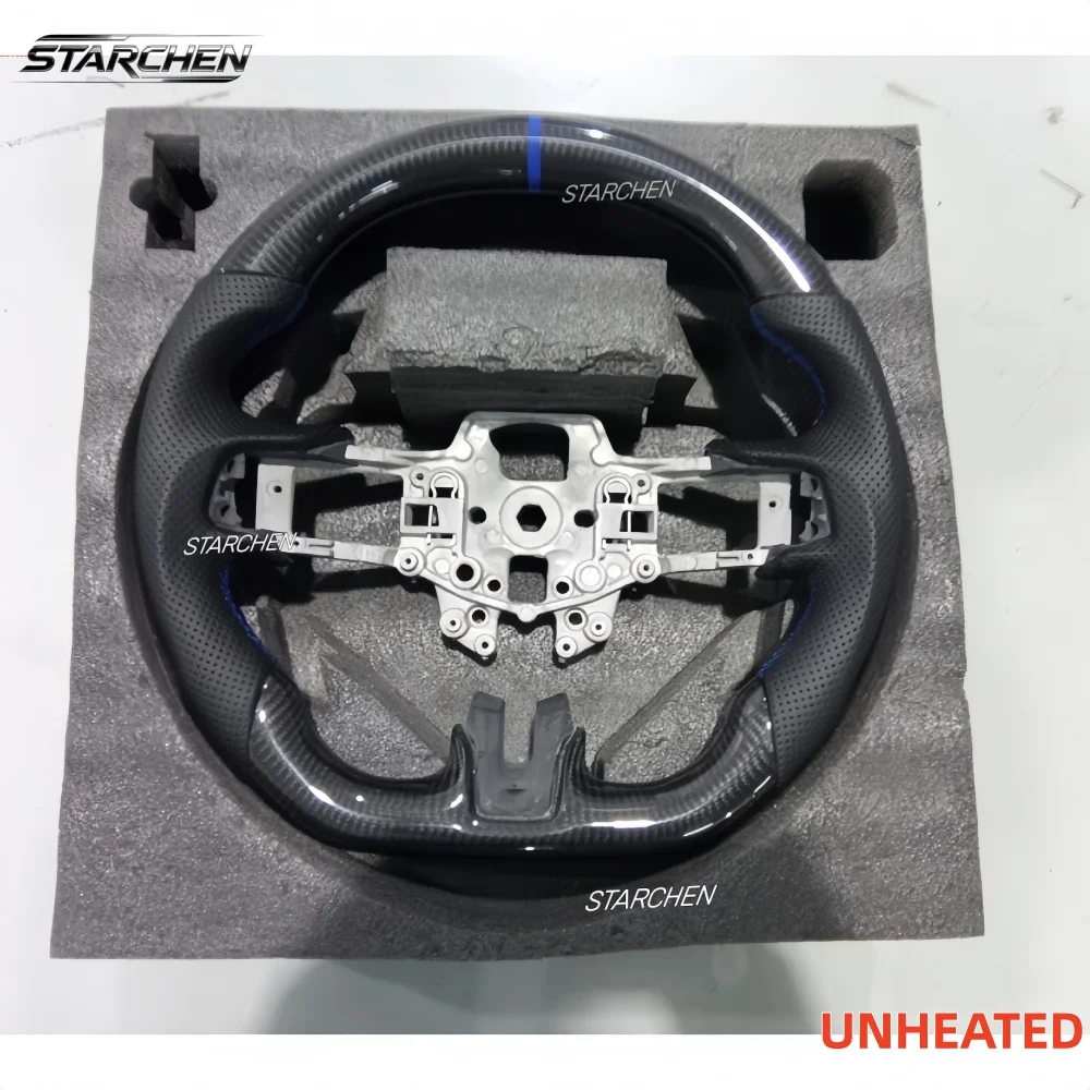Real 3K Carbon Fiber Steering Wheel for Mustang 2015+, D-Shape Flat Bottom, Blue Stripe & Hand-Stitching, for EcoBoost/GT/Base/V6/GT350/GT350R(Non-heated)