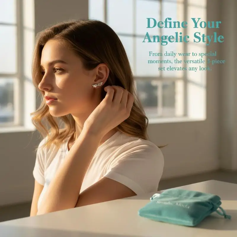 2 3Pcs Y2K Shiny Angel Wing Earrings Stackable Ear Studs Piercing Jewelry for Stylish Women and College Students