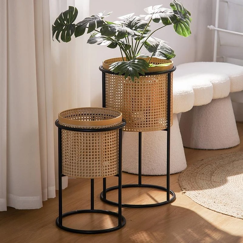 Imitation rattan woven flower rack, modern light luxury living room balcony indoor wrought iron floor-to-ceiling moving
