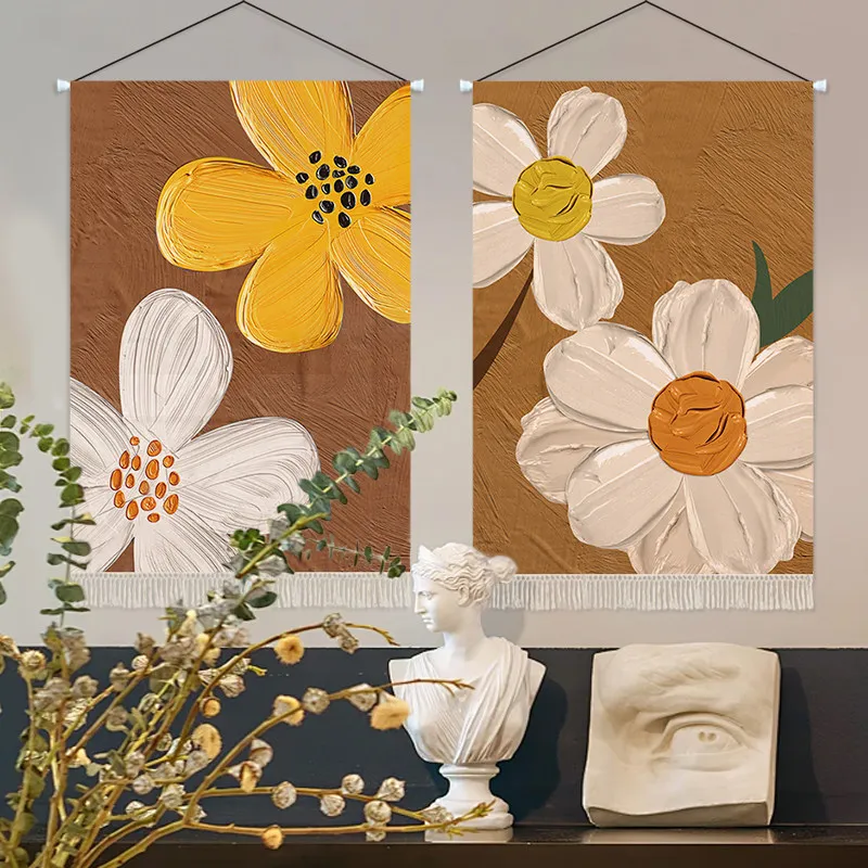 Creamy Floral Tapestry Wall Hanging Oil Painting Boho Wall Decor for Bedroom Dining Room Cafe Aesthetic Room Decoration