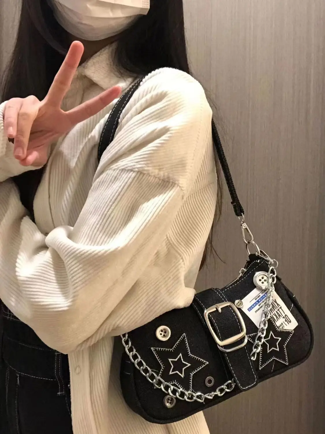 

Y2k Millennium Star Cowboy Underarm Bag Fashion Crescent Bag Canvas Handbag Chain Bag