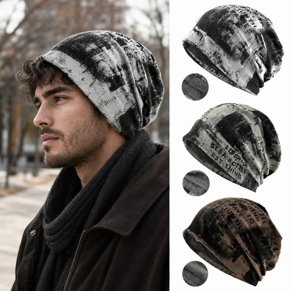Casual Graffiti Slouchy Beanie Hat Stretchy Hip Hop Lined Beanie Tie-dye Punk Letter Print Beanie For Men Women
