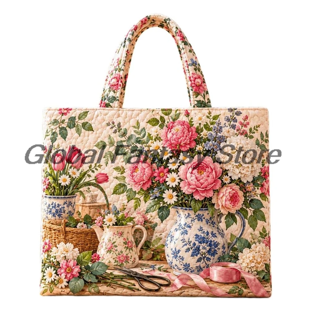 Vintage Quilted Tote Bag Flower Pattern Xmas Floral Shoulder Bags Large Capacity Women Casual Shopping HandBag