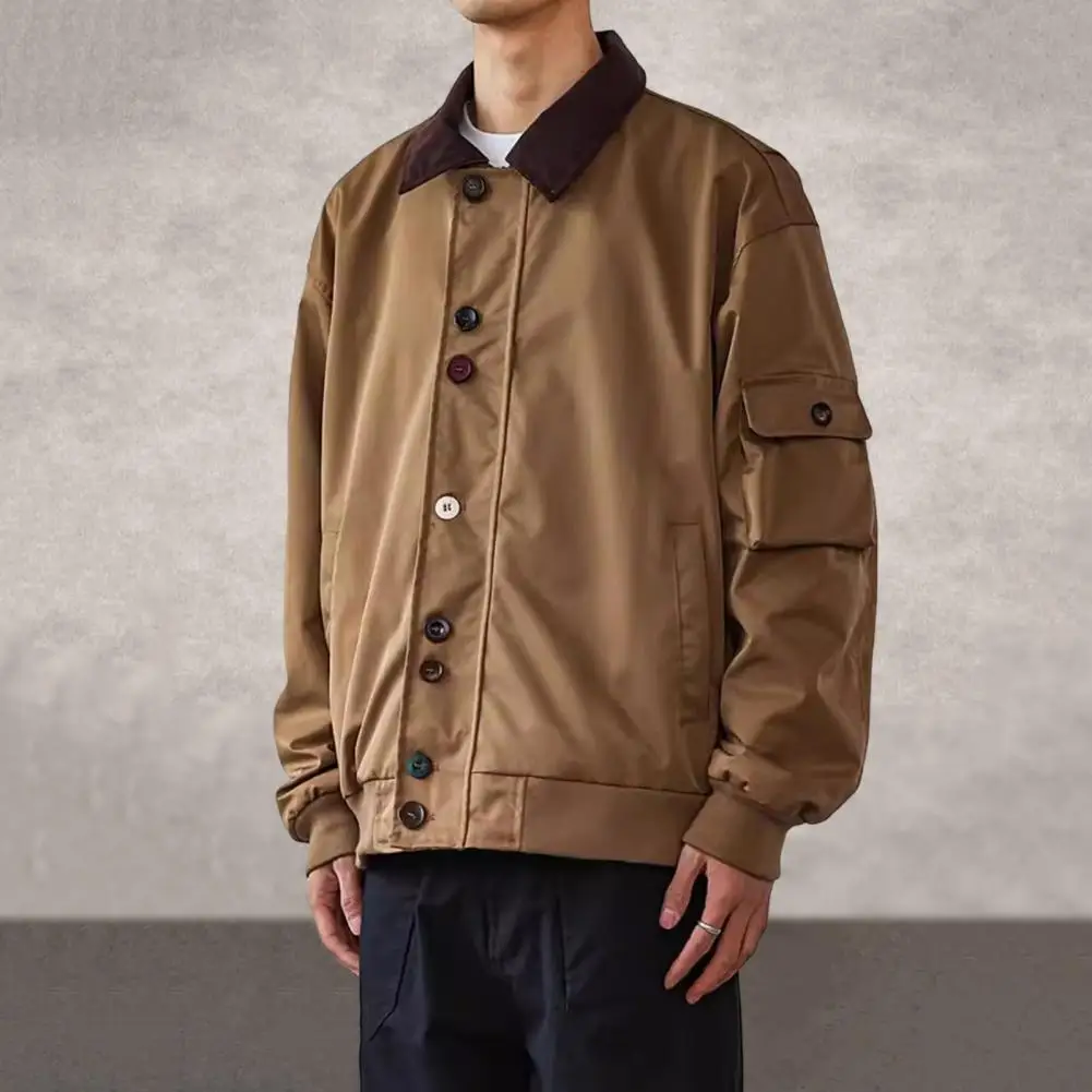 Men Jacket Lapel Long Sleeve Color-Block Design Single-Breasted Buttons Jacket Coat With Pockets Casual Outwear