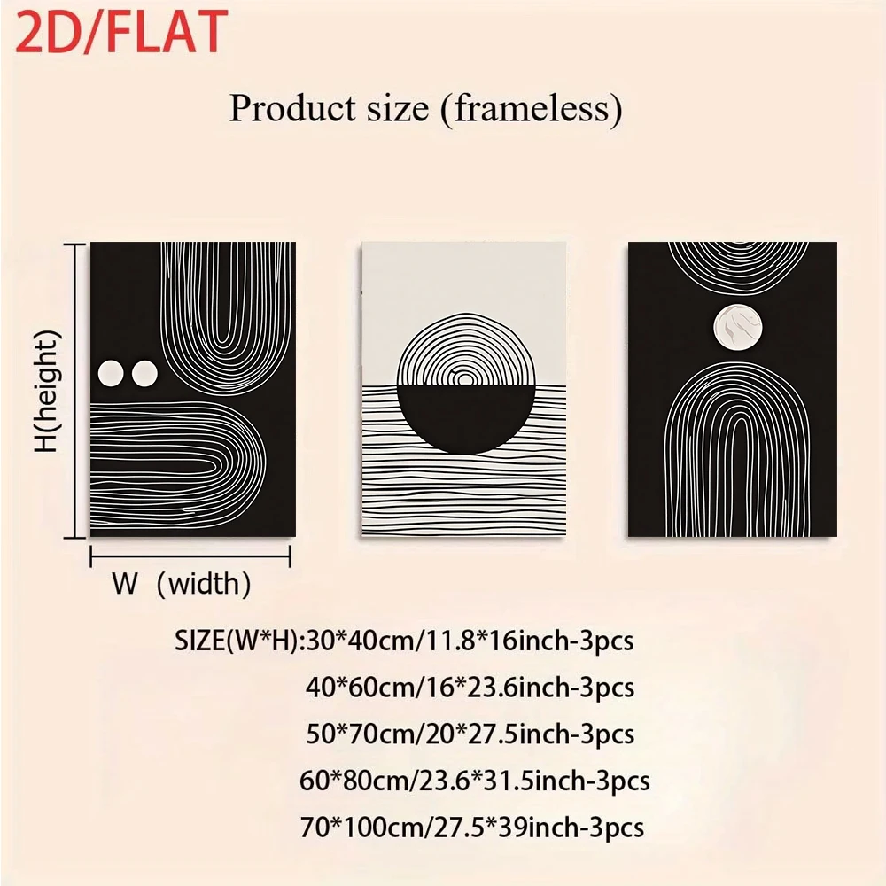 1 set of modern minimalist black and white line art triptych, abstract geometric frameless painting, 2D flat design.